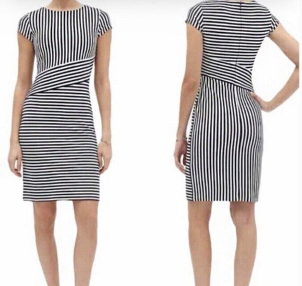 Banana Republic Sz 0 Navy Blue & White Stripe Sheath Cap Sleeve Geometric Dress